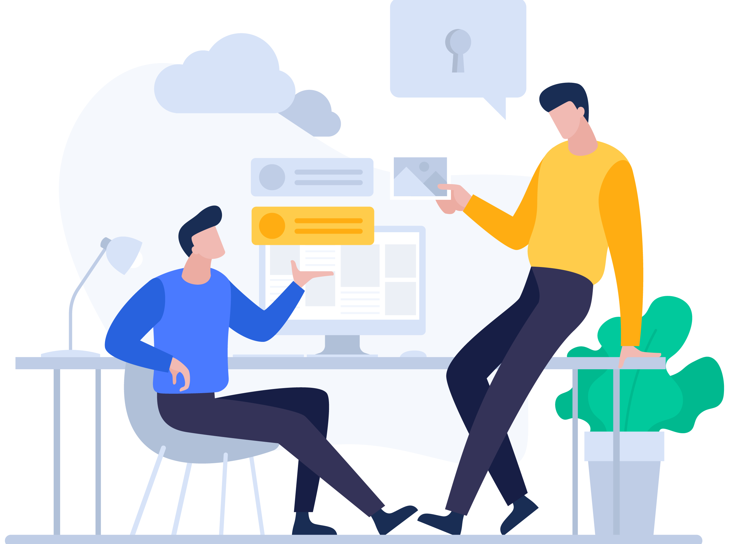 Man in blue shirt and man in yellow shirt talking to each other